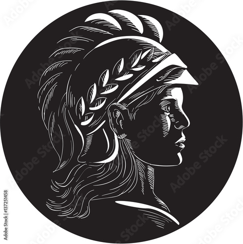 фотографія Minerva Head Side Profile Oval Woodcut