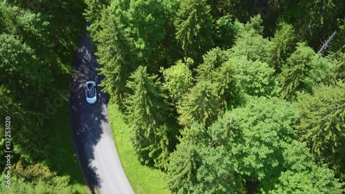Audi R8 driving on Mountain Road front and top view from drone photo