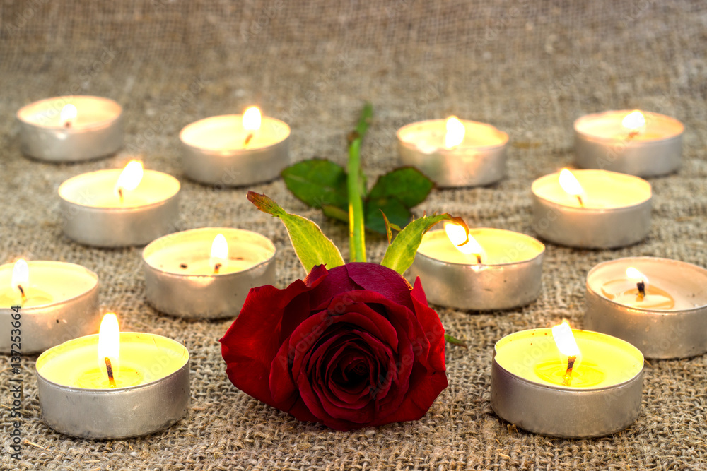 rose with bright candles on sacking . rose with bright candles on sacking .