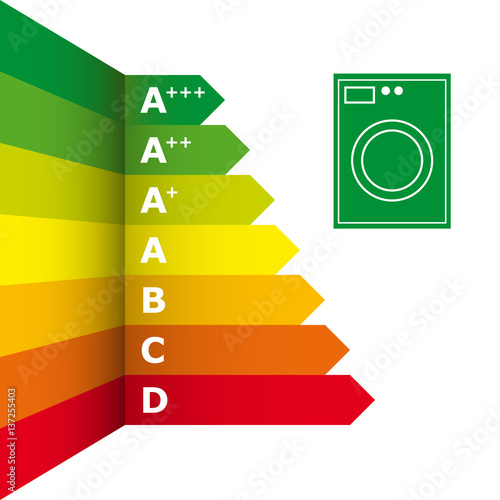 Energy efficiency rating and icon of washing machine, vector illustration