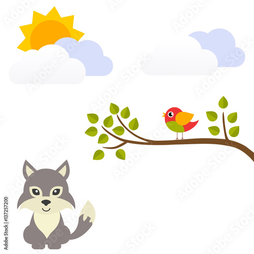 cartoon bird on a branch and wolf 