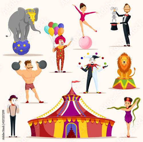 Strong man and circus tent, meme artist and clown