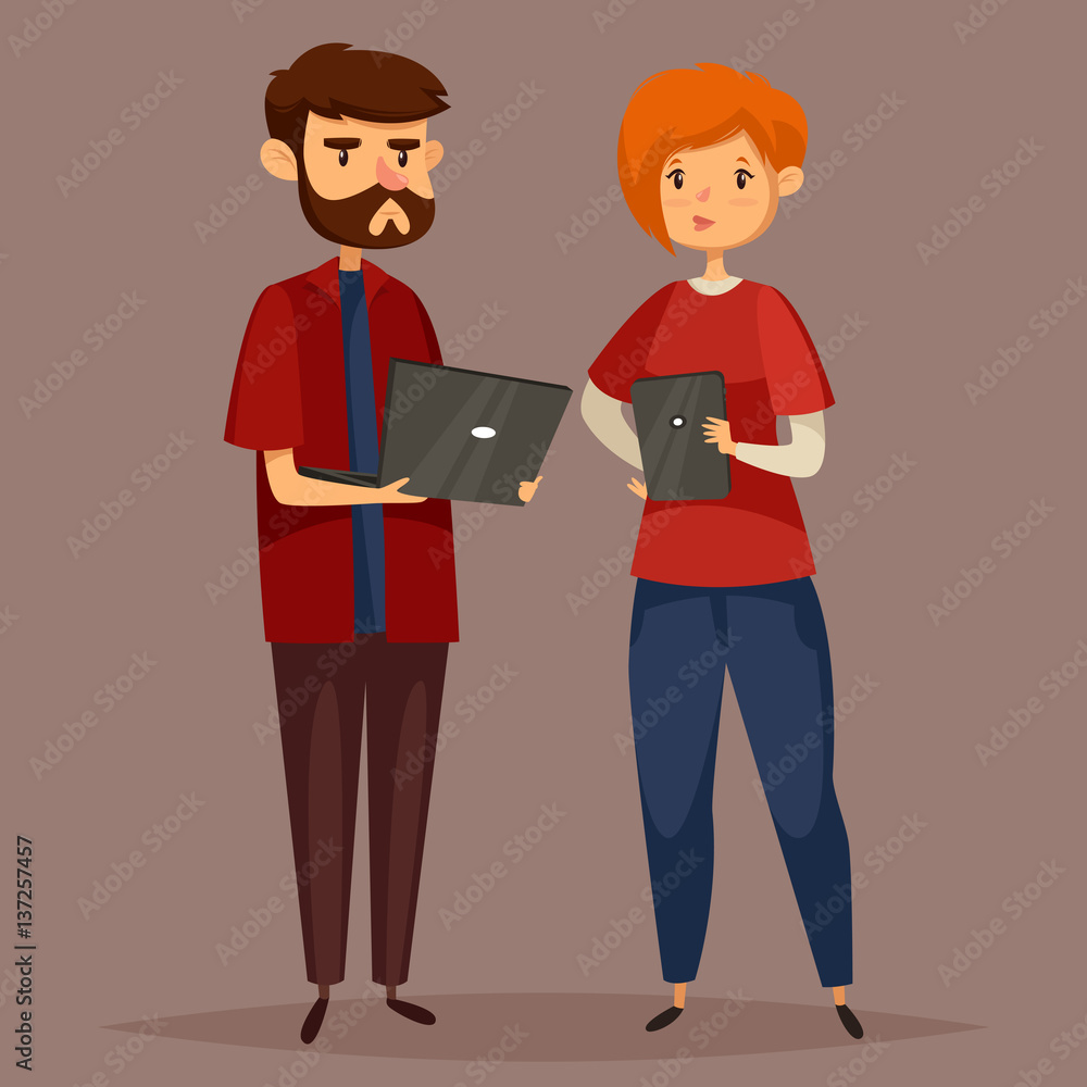 Male system administrator and online support woman Male system administrator and online support woman