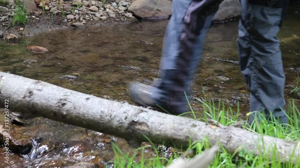 Hiker legs crossing mountain creek water with trekking sticks Hiker legs crossing mountain creek water with trekking sticks