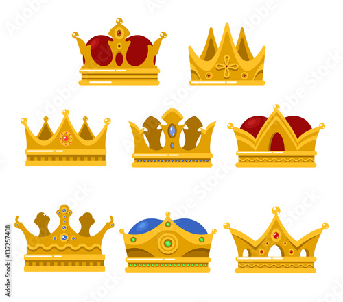 Set of king or queen golden crown icon