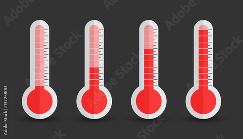 Thermometers icon with different levels. Flat vector illustration isolated on black background.