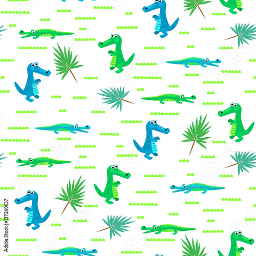 Seamless crocodile kid cartoon vector pattern. Blue and green alligator background.