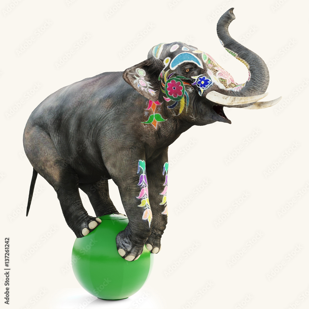 Obraz premium Colorful decorated artistic circus elephant doing a balancing act on a green ball with a isolated white background. 3d rendering illustration