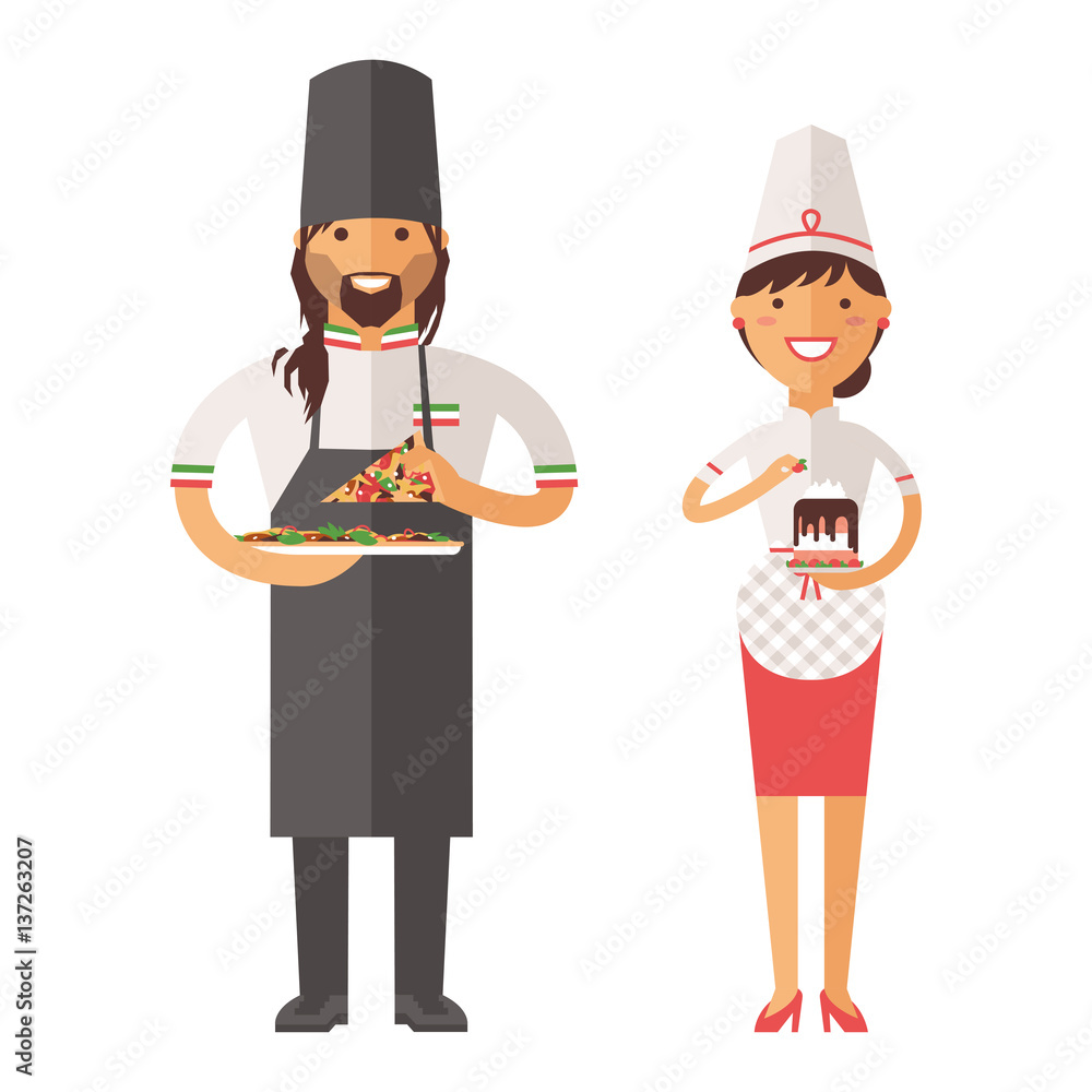 Beautiful young chef decorating delicious character vector.