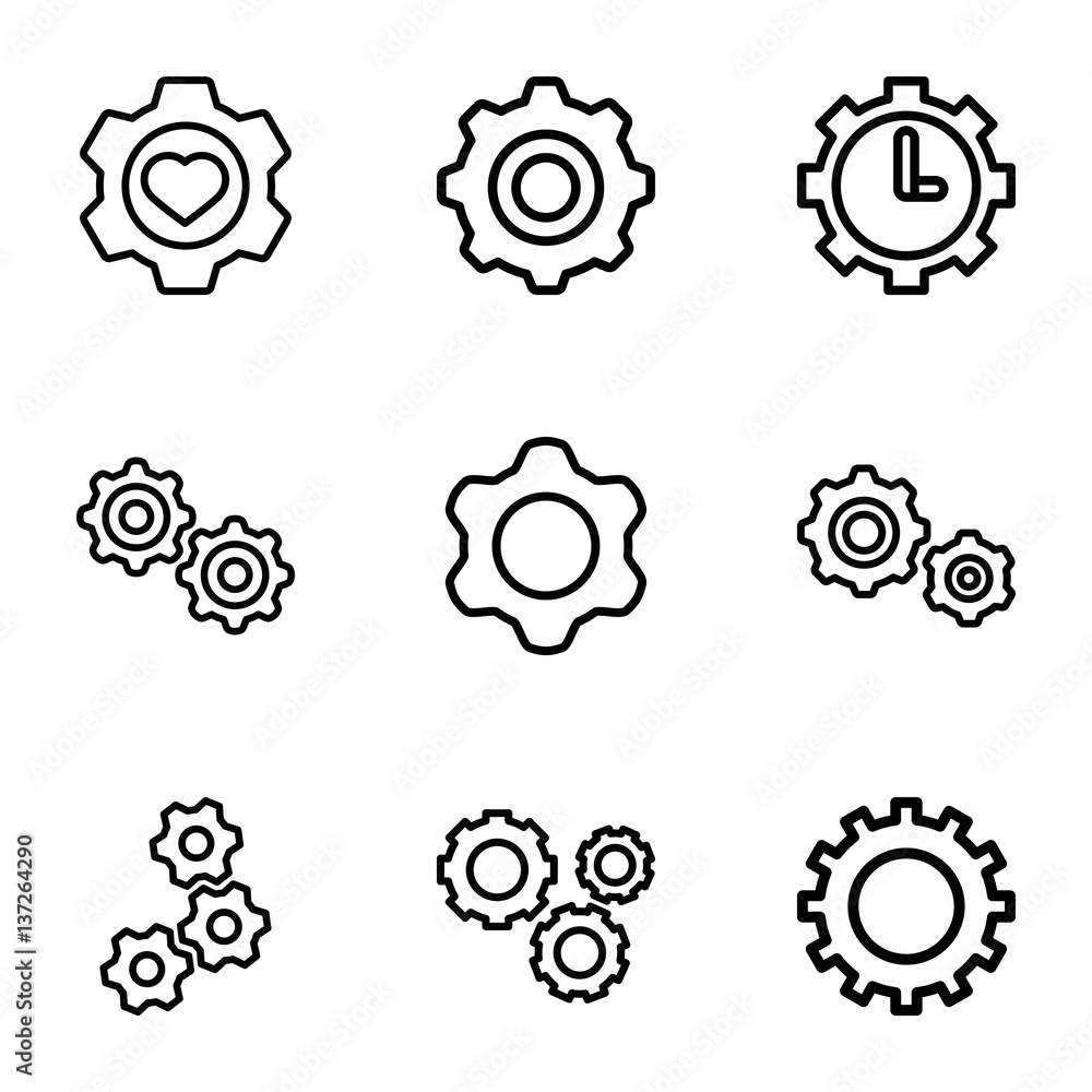 Set of 9 gears outline icons