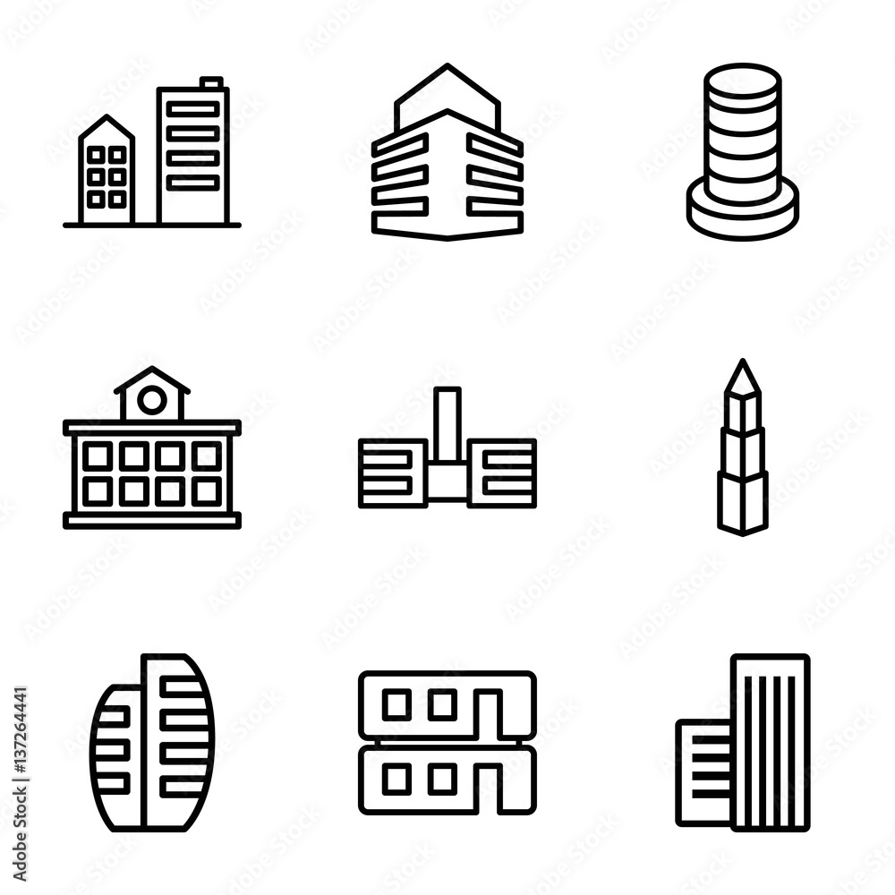 Set of 9 buildings outline icons Set of 9 buildings outline icons