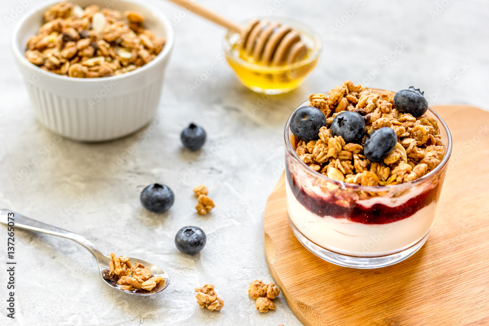 Healthy breakfast from yoghurt with muesli and berries on kitchen table