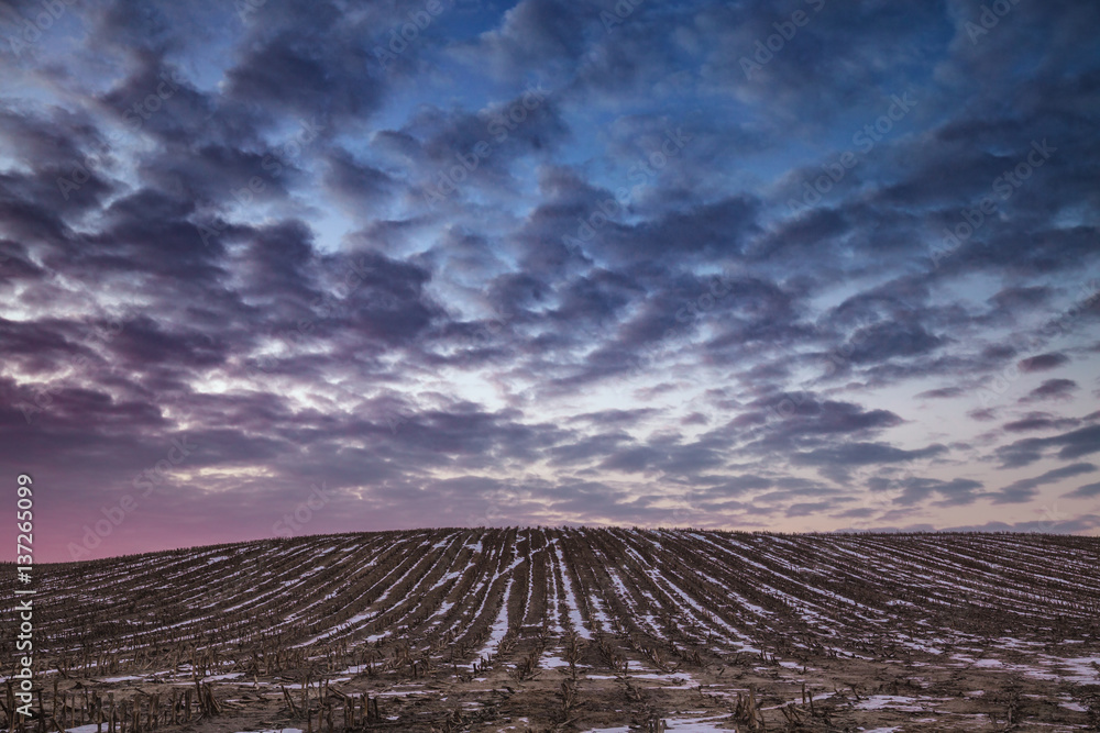 Obraz premium Spectacular Sunrise Clouds over Wintry Farming Fields
