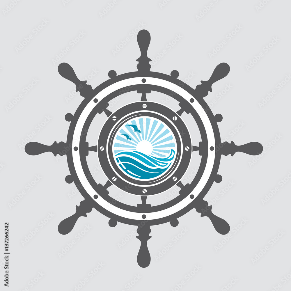 image of ship helm and porthole with sea waves image of ship helm and porthole with sea waves