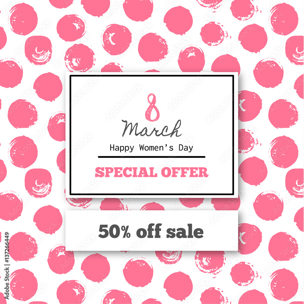 Dicount in 8 March. Sales in the Women's Day. Pattern with pink round stain. Happy holiday. Repeating background with spots. Flyer, advertising. Vector illustration, eps10
