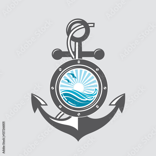 image of ship anchor and porthole with sea waves