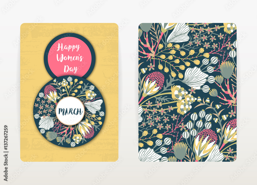 Obraz premium 8 march. Happy Women's Day. Spring holiday. Card design with floral pattern. Hand drawn creative flowers. Colorful artistic background with blossom. Size A4. Vector illustration, eps10