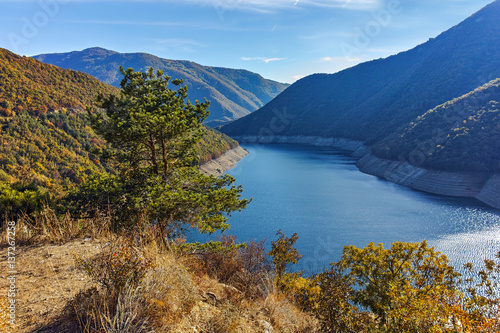 Fototapeta Naklejka Na Ścianę i Meble -  Autumn landscape of the Vacha (Antonivanovtsy) Reservoir, Rhodopes Mountain, Bulgaria
