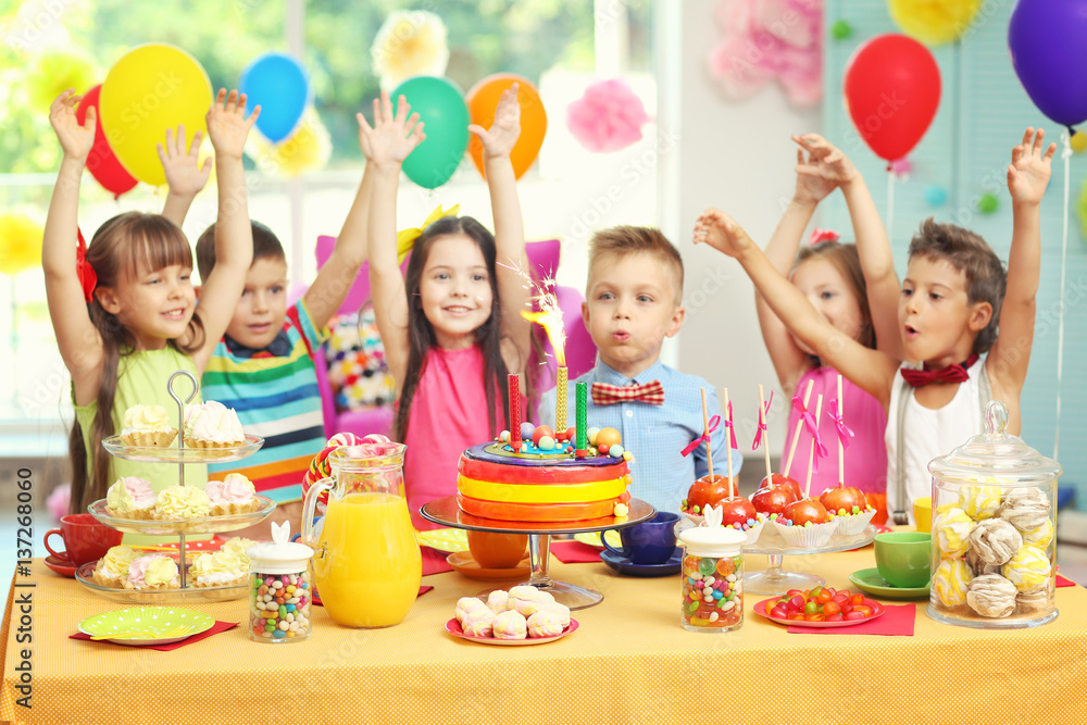 Children's funny birthday party in decorated room Children's funny birthday party in decorated room