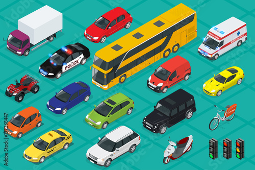 Car icons. Flat 3d isometric high quality city transport. Sedan, van, cargo truck, off-road, bus, scooter, motorbike, riders, ATV. Set of urban public and freight transport