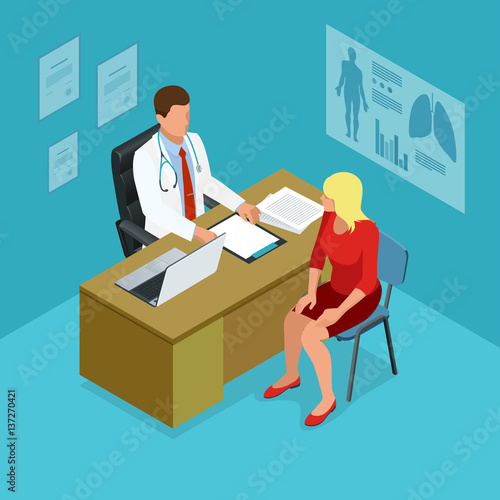 Isometric doctor showing something patient on tablet pc in hospital. Male doctor talking with female patient in doctors office. Healthcare, medical and technology.