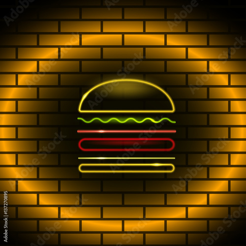 Neon food icon Vector illustration Neon figure in the form of a burger on brick wall Realistic style