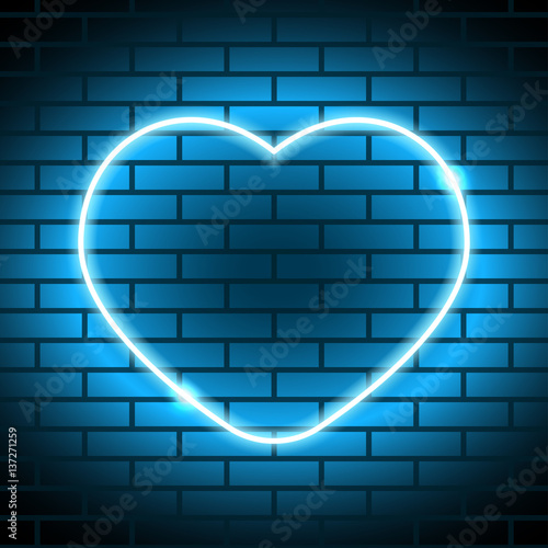 Neon heart Vector illustration Neon bright lamp in heart shape on brick wall Realistic style
