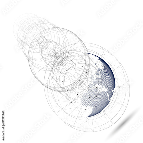 Dotted world globe with abstract construction, connecting lines and dots, molecules on white background. Molecule structure. Medicine, science, technology concept. Polygonal design vector illustration
