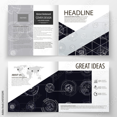 Business templates for square bi fold brochure, magazine, flyer. Leaflet cover, flat layout. High tech design, connecting system. Science and technology concept. Futuristic abstract vector background.