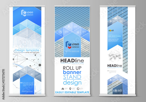 Roll up banner stands, geometric design templates, business concept, corporate vertical vector flyers, flag layouts. Blue color abstract infographic background with lines, symbols, other elements.