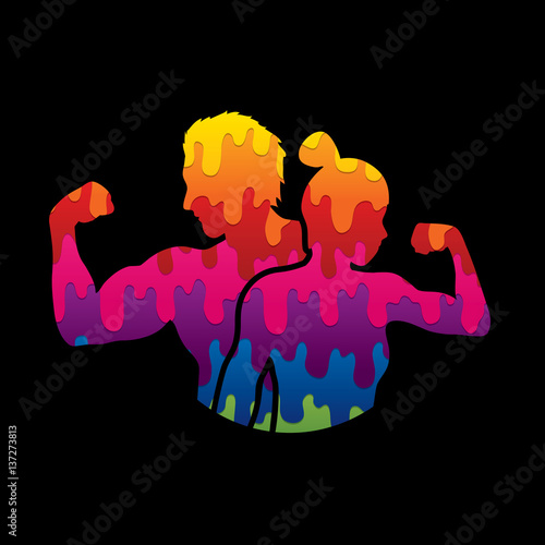 Fitness silhouette man and woman designed using melting colors graphic vector.