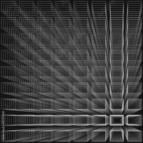 Black color abstract infinity background, 3d structure with white rectangles forming illusion of depth and perspective, vector illustration.