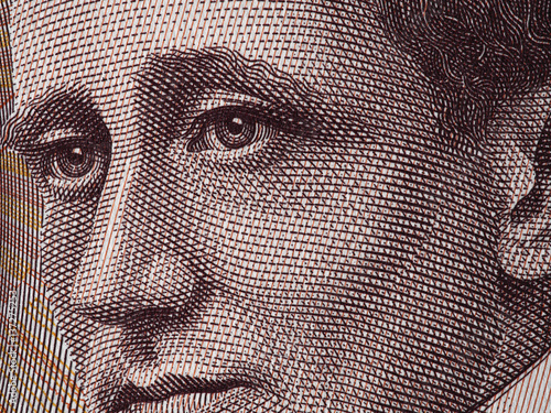 Guglielmo Marconi (1874-1937) face portrait on Italy 2000 lira banknote (1990) extreme macro, Italian money closeup. Inventor of radio. photo