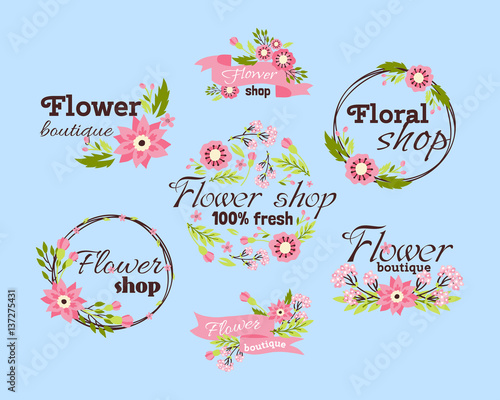 Floral shop badge decorative frame template vector illustration.