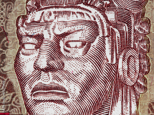 Tecun Uman (1500? – 1524) on half quetzal (1998) Guatemala banknote extreme macro, Guatemalan money closeup photo