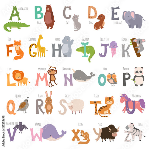 Fototapeta Naklejka Na Ścianę i Meble -  Cute zoo alphabet with cartoon animals isolated on white background and grunge letters wildlife learn typography cute language vector illustration.