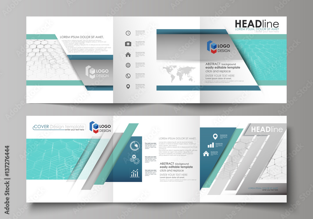 Set of business templates for tri fold square design brochures. Leaflet cover, abstract vector layout. Chemistry pattern, hexagonal molecule structure on blue. Medicine, science and technology concept Set of business templates for tri fold square design brochures. Leaflet cover, abstract vector layout. Chemistry pattern, hexagonal molecule structure on blue. Medicine, science and technology concept