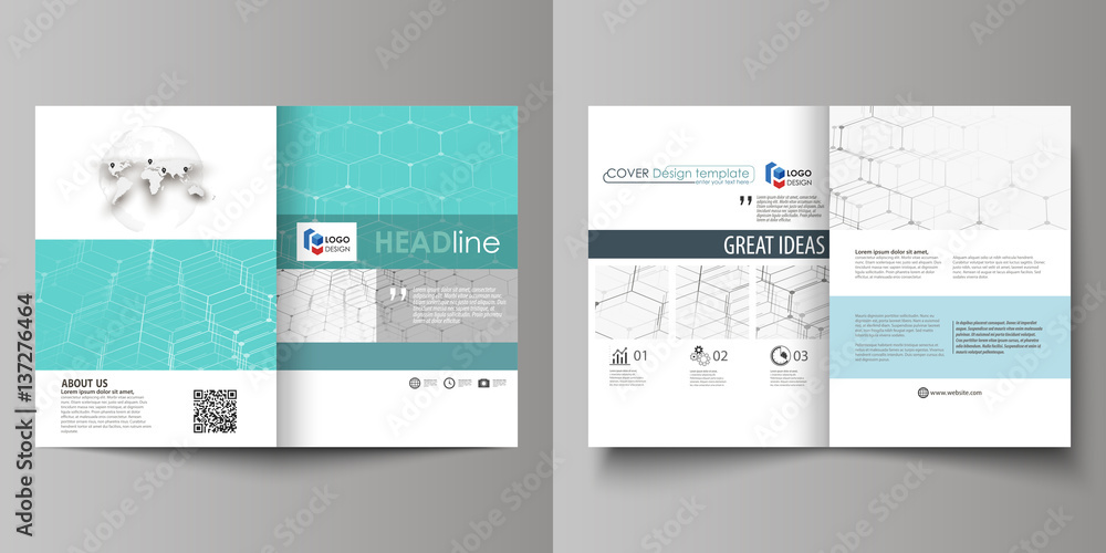 Business templates for bi fold brochure, flyer, booklet, report. Cover design template, vector layout in A4 size. Chemistry pattern, hexagonal molecule structure on blue. Medicine, technology concept. Business templates for bi fold brochure, flyer, booklet, report. Cover design template, vector layout in A4 size. Chemistry pattern, hexagonal molecule structure on blue. Medicine, technology concept.