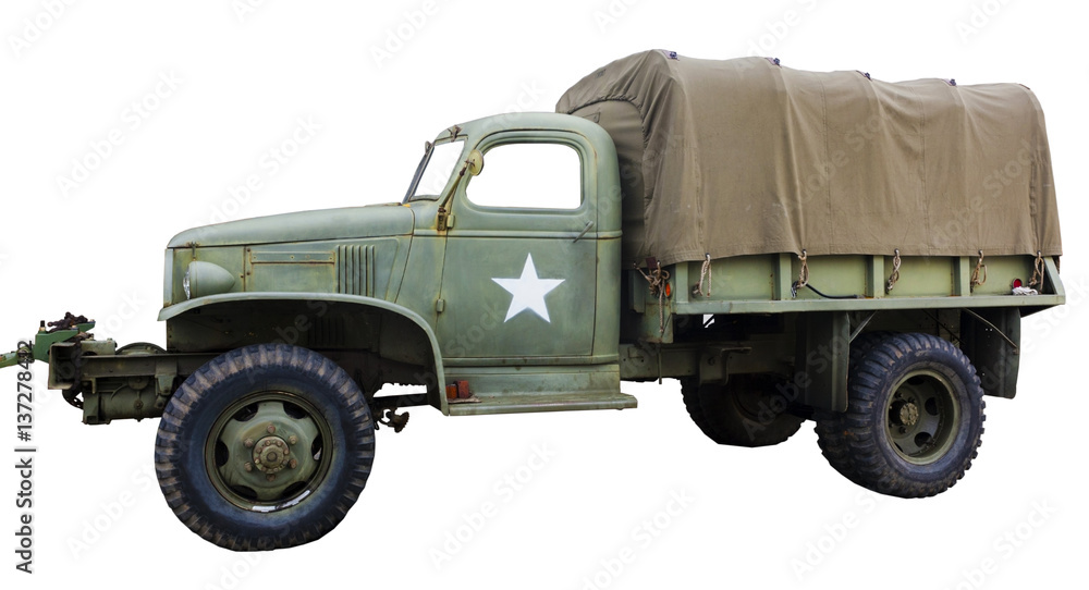 Isolated side view of vintage army truck with white star. 