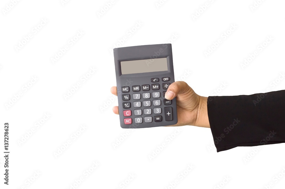 Close up business woman's hand holding calculator on a white background Close up business woman's hand holding calculator on a white background