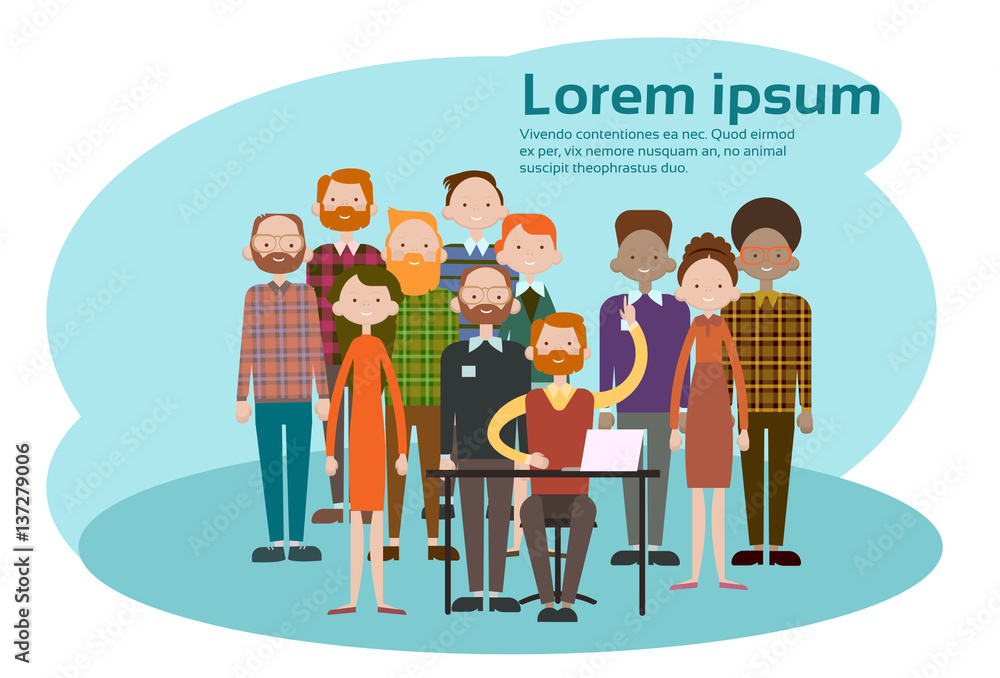 Obraz premium Business Man Sitting Desk Work Laptop Computer People Group Flat Vector Illustration