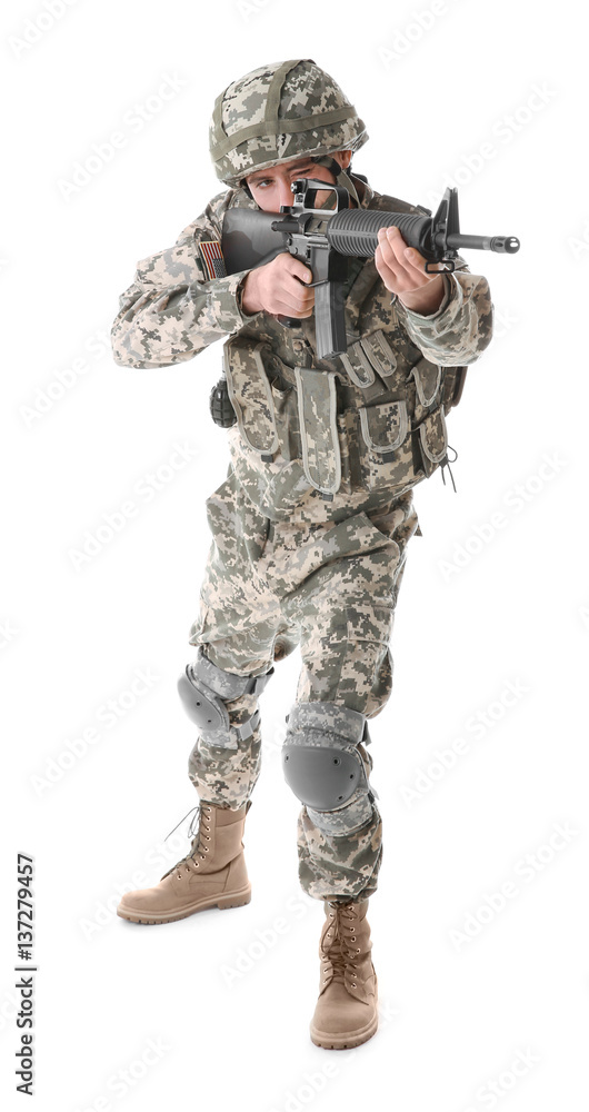 Soldier in camouflage taking aim, isolated on white Soldier in camouflage taking aim, isolated on white