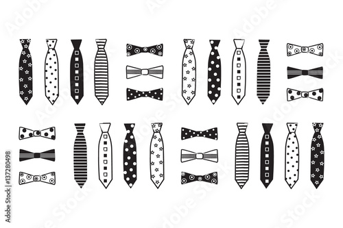 Necktie, bow tie black and white vector illustration. Ties isolated on white. Vector line art. Wall art. Black and white patterned ties for cards, invitations, announcements, scrapbooking and more.