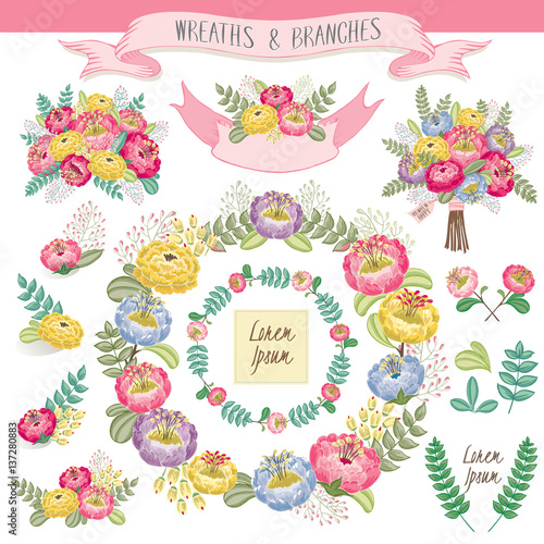 Vector illustration of a floral frame collection. A set of beautiful wreath with flowers and branches for wedding invitations and birthday cards    