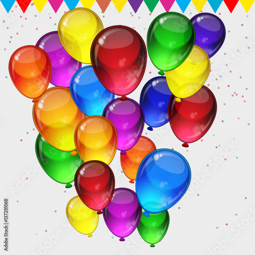 Birthday party background - colorful festive balloons, confetti, ribbons flying for celebrations card in isolated white background with space for you text.