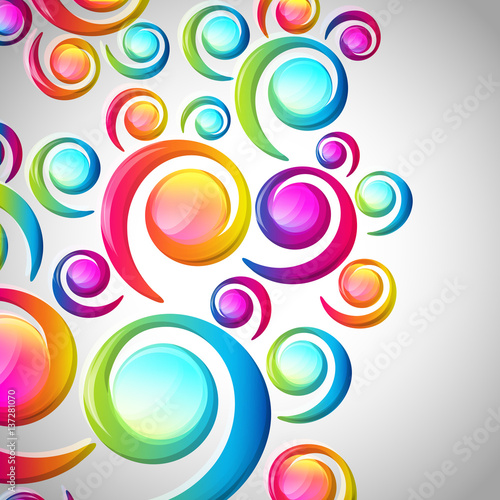 Abstract colorful spiral arc-drop pattern on a light background. Transparent colorful elements and circles design card.  