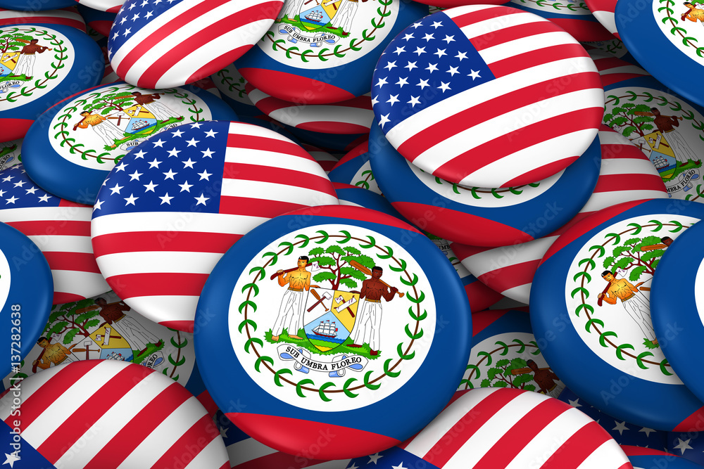 Obraz premium USA and Belize Badges Background - Pile of American and Belizean Flag Buttons 3D Illustration