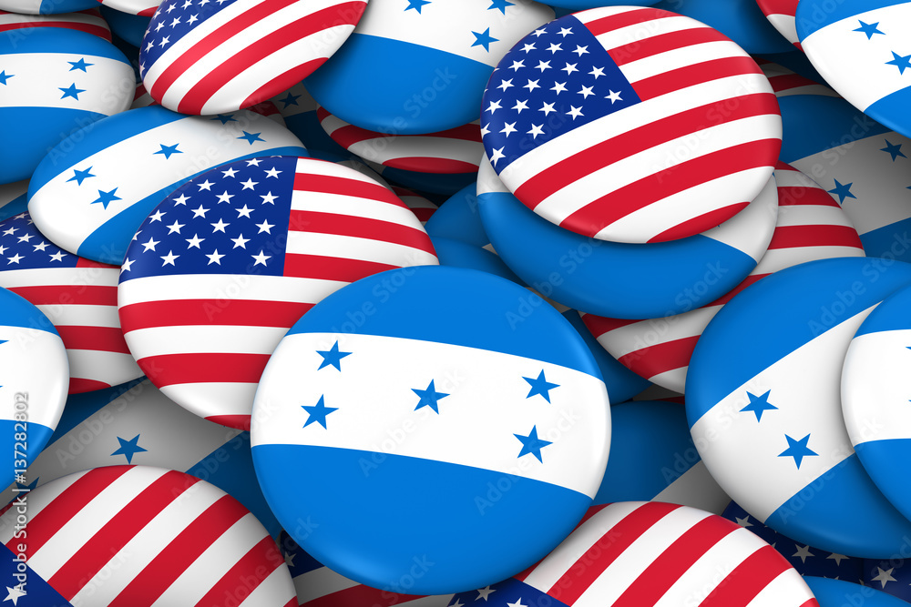 Φωτογραφία USA and Honduras Badges Background - Pile of American and Honduran Flag Buttons