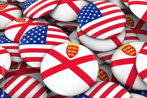 USA and Jersey Badges Background - Pile of American and Channel Island Flag Buttons 3D Illustration