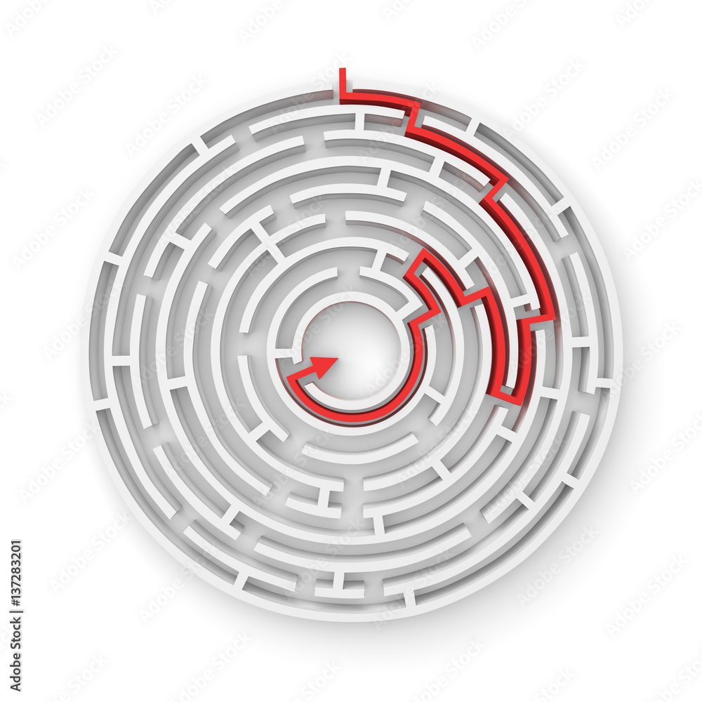 3d rendering of a white round maze with a red arrowed line showing the way out.